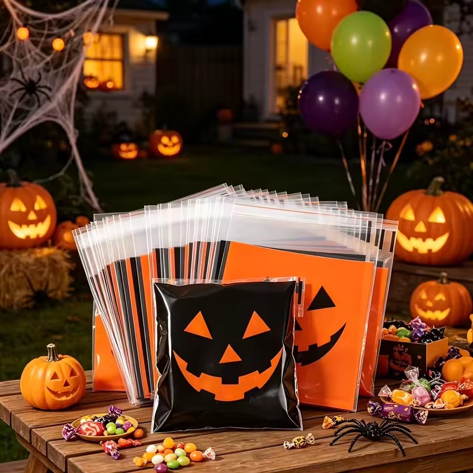 Food Snacks Gifts - 50/100 Stück Halloween Schwarz-Orange Böser Kürbis
